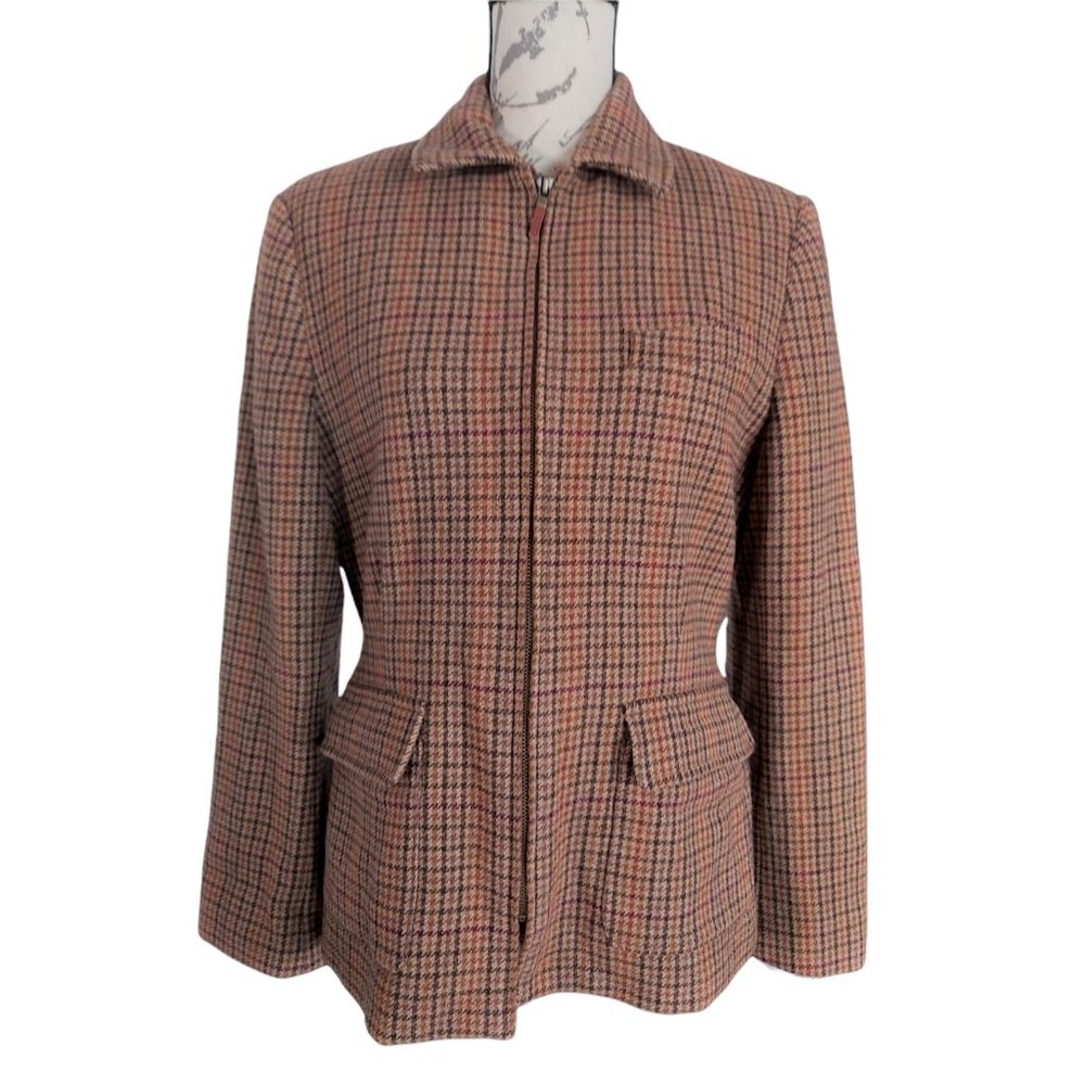 LAUREN RALPH LAUREN Women's Check Full Zip Wool Jacket Size 8 Horse Buttons